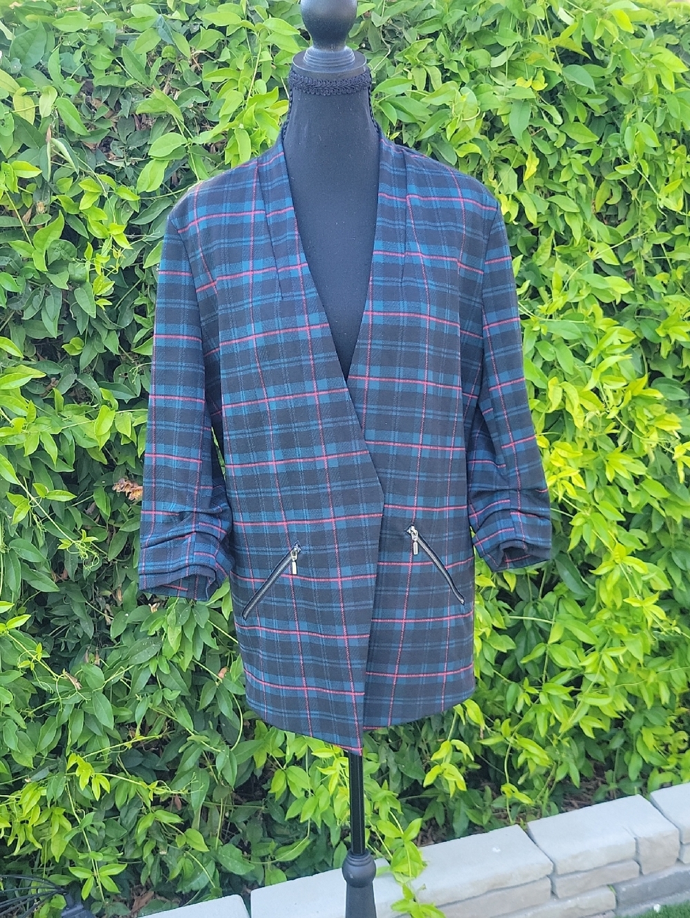 Maurices Navy and Red Plaid Blazer with Faux Zipper Pockets XL